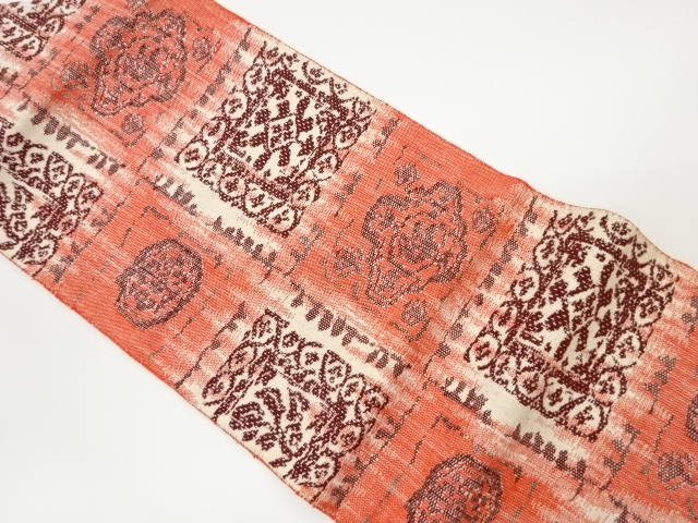 JAPANESE KIMONO / VINTAGE NAGOYA OBI / MAWATA TSUMUGI / WOVEN GRID & ABSTRACT FLOWER CREST